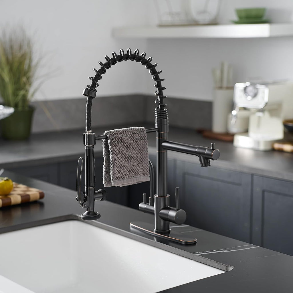 Fapully 3 in 1 Kitchen Faucet with Water Filler and Pull Down Sprayer, Oil Rubbed Bronze Commercial Kitchen Sink Faucet with Drinking Water Faucet for 1 or 3 Hole