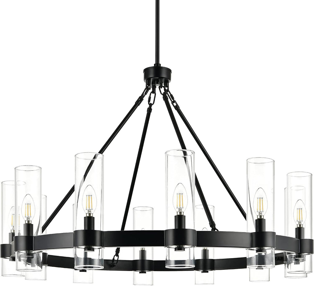 Linea di Liara Teramo Matte Black Chandelier Dining Room Light Fixture Large Wagon Wheel Chandelier Round Industrial Modern Farmhouse Chandeliers for Dining Room Foyer, Clear Glass, UL Listed