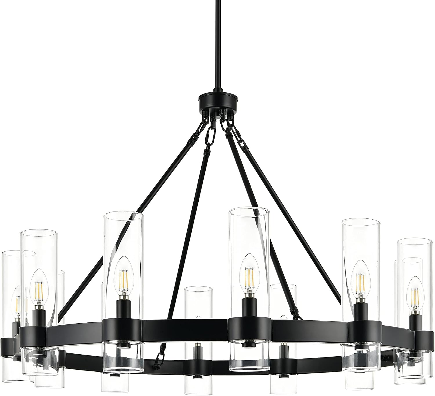Linea di Liara Teramo Matte Black Chandelier Dining Room Light Fixture Large Wagon Wheel Chandelier Round Industrial Modern Farmhouse Chandeliers for Dining Room Foyer, Clear Glass, UL Listed