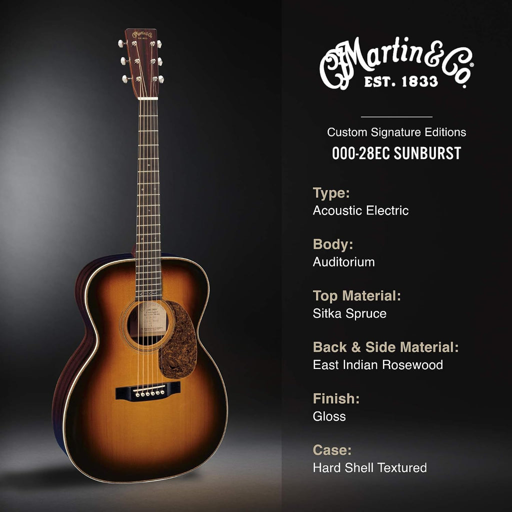 Martin Guitar 000-28EC Sunburst Acoustic Guitar with Hardshell Case, Spruce and Rosewood Construction, Gloss Finish, 000-14 Fret, and Modified-V Neck Shape