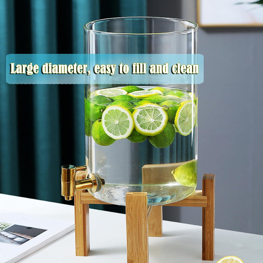 Glass Drink Dispenser,Drinkware with Stand and Lid,Cold Water Pitcher,Juice Pitcher for Parties,Bars,Weddings,Homemade Juices,Picnics,Barbecues and Daily,Silver(Gold Faucet + Bracket 5L)