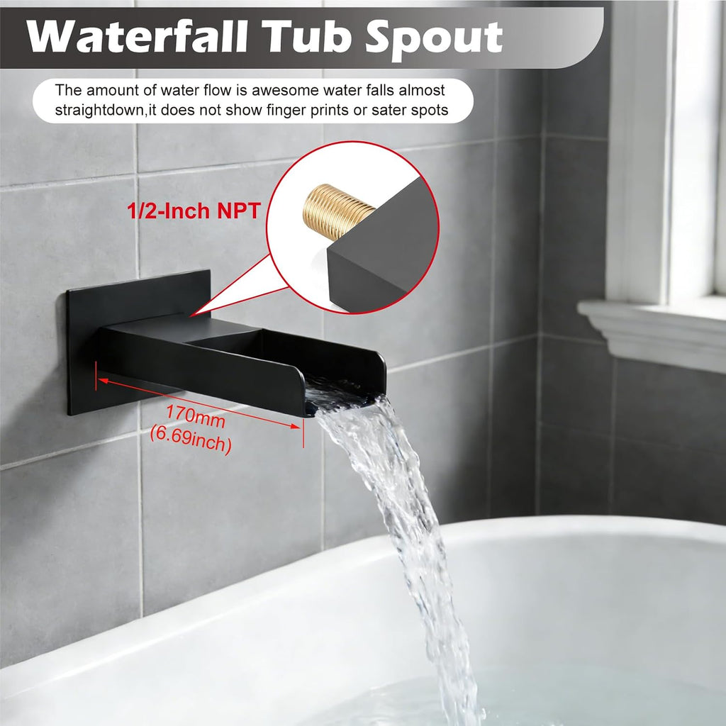 Midanya Rain Shower System Tub Shower Faucet Set Square Rainfall Waterfall Shower Head with Handheld Sprayer Tub Spout Combo Wall Mounted bathtub faucet set Rough-in Valve, 8 Inch Matte Black