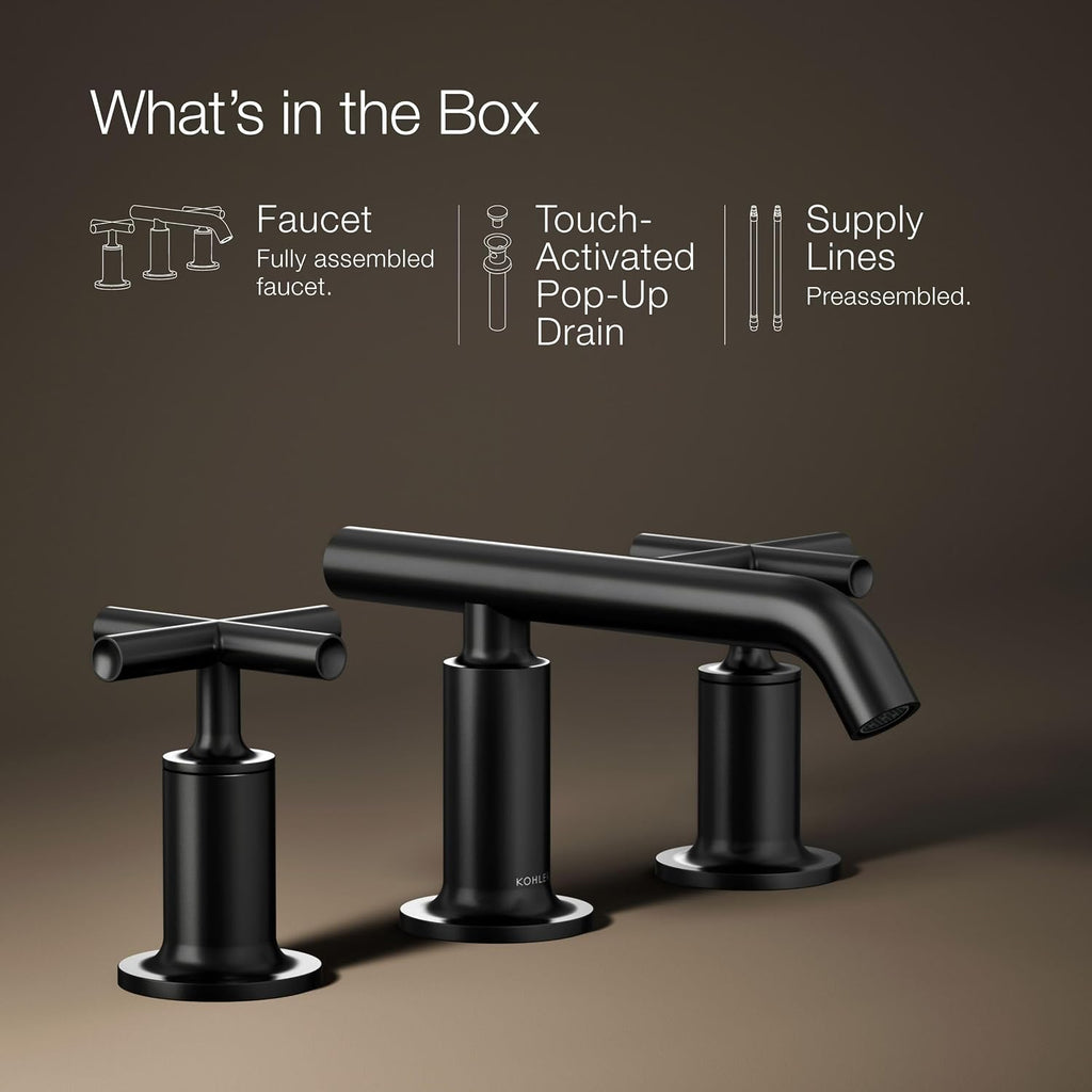 KOHLER K-14410-3-BL Purist® Widespread Bathroom Sink Faucet, 3-Hole Bathroom Faucets with Low Cross Handles and Low Spout, 1.2 GPM, Matte Black
