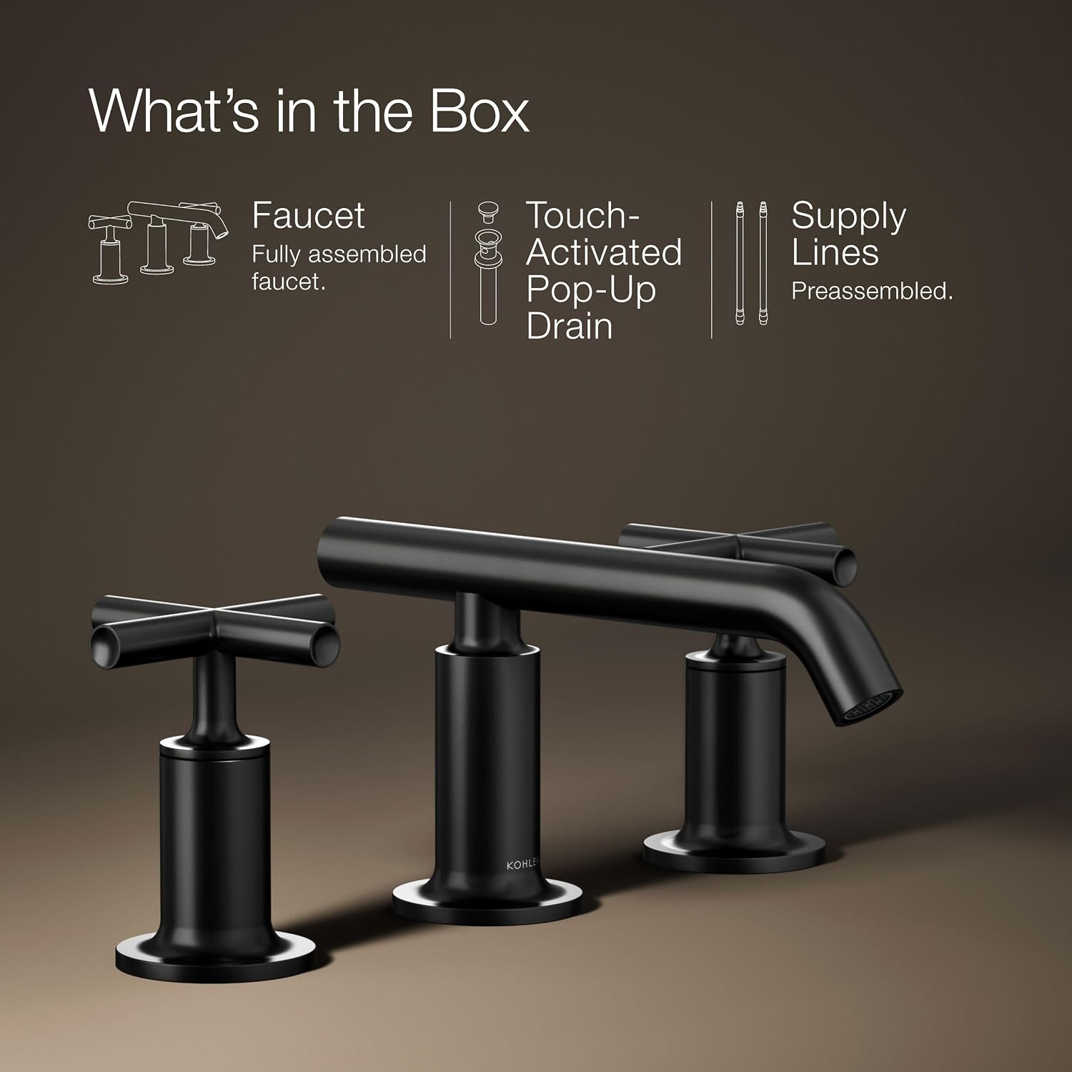 KOHLER K-14410-3-BL Purist® Widespread Bathroom Sink Faucet, 3-Hole Bathroom Faucets with Low Cross Handles and Low Spout, 1.2 GPM, Matte Black