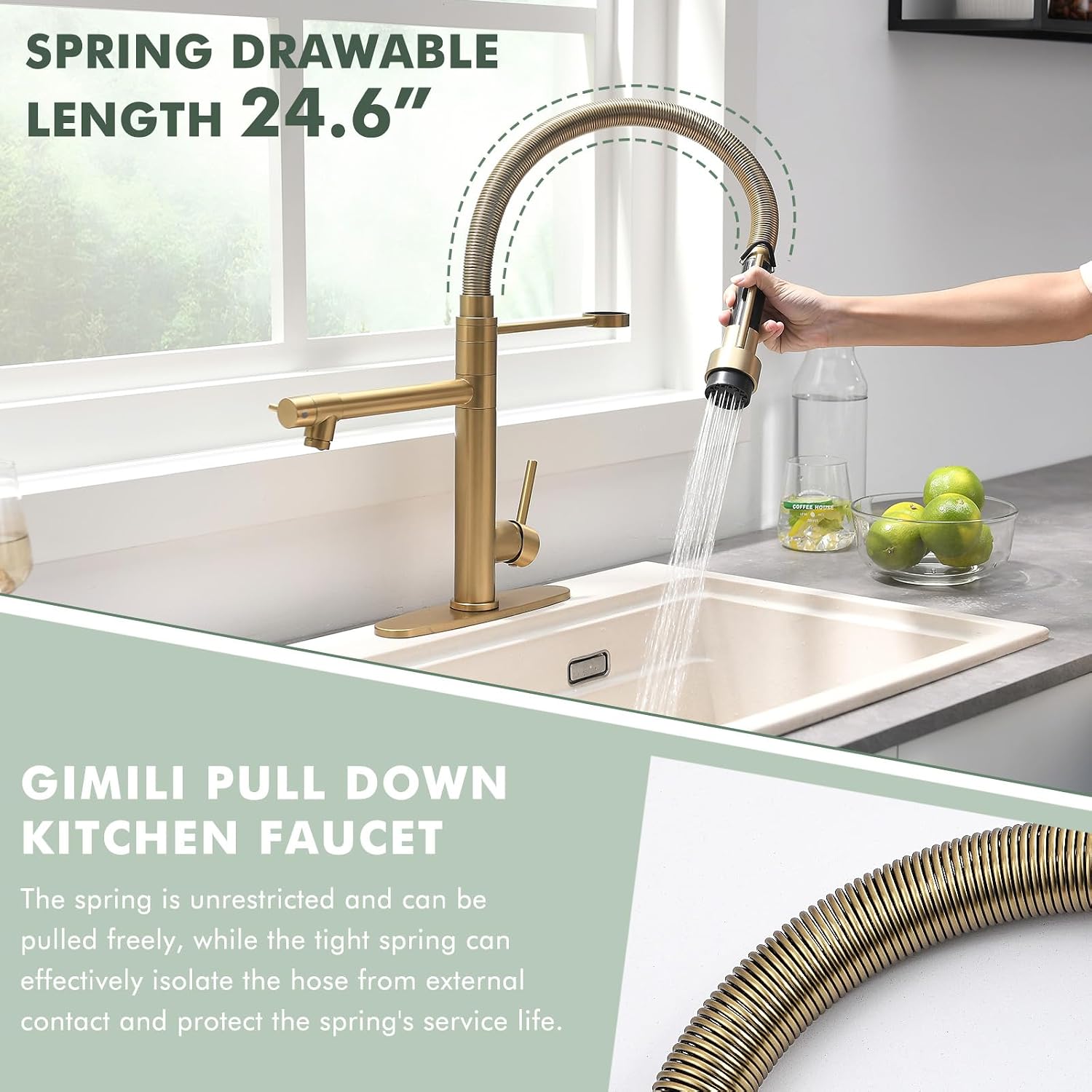 GIMILI Commercial Dual-Spout Gold Kitchen Sink Faucet with Pull Down Sprayer