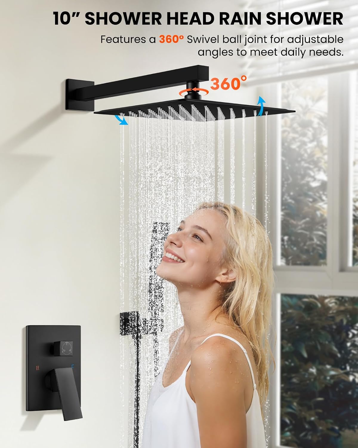 gotonovo Shower System with Tub Spout,Waterfall Tub Shower Faucet Set for Bathroom Head and Handle Set Wall Mounted 3 Function Rough-in Valve and Trim Included 10 inch Shower Head Matte Black