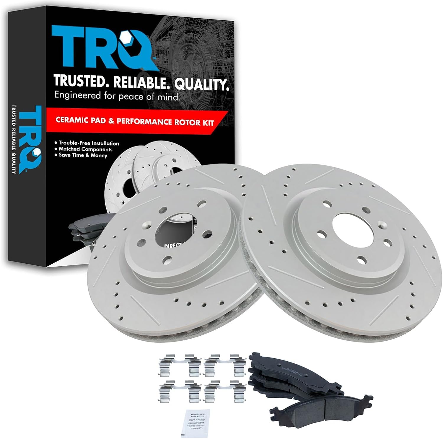 TRQ Performance Front Brake Pad and Rotor Set Ceramic Coated Drilled Slotted Compatible with 2010-2012 Ford Taurus