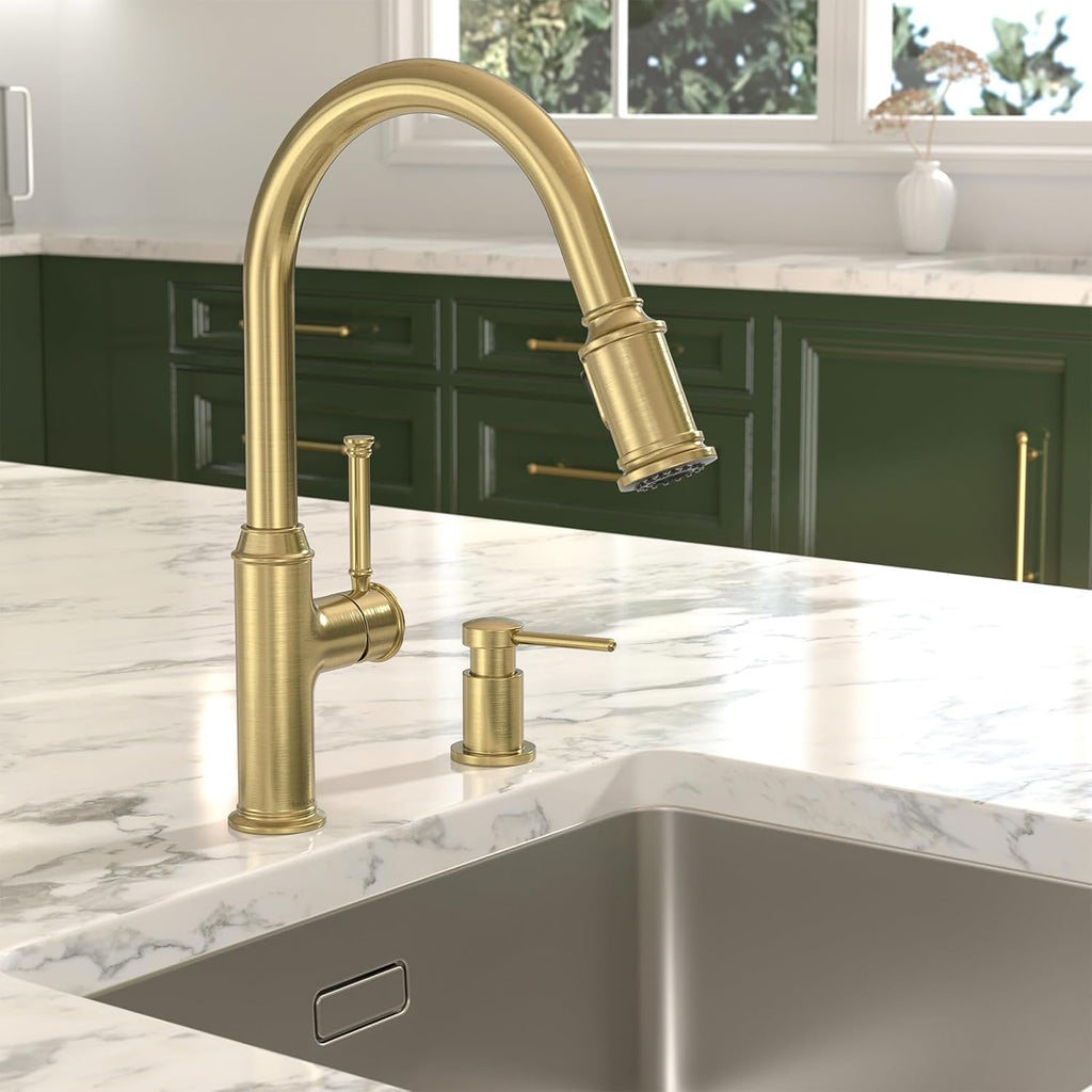 Lava Odoro Curtura Brushed Gold Kitchen Faucet with Pull Down Sprayer, Brass Kitchen Sink Faucet, Single Hole Kitchen Faucet with 3-Function Sprayer, Deck Plate Included, Spot-Free, 1.8GPM, KF421-SG