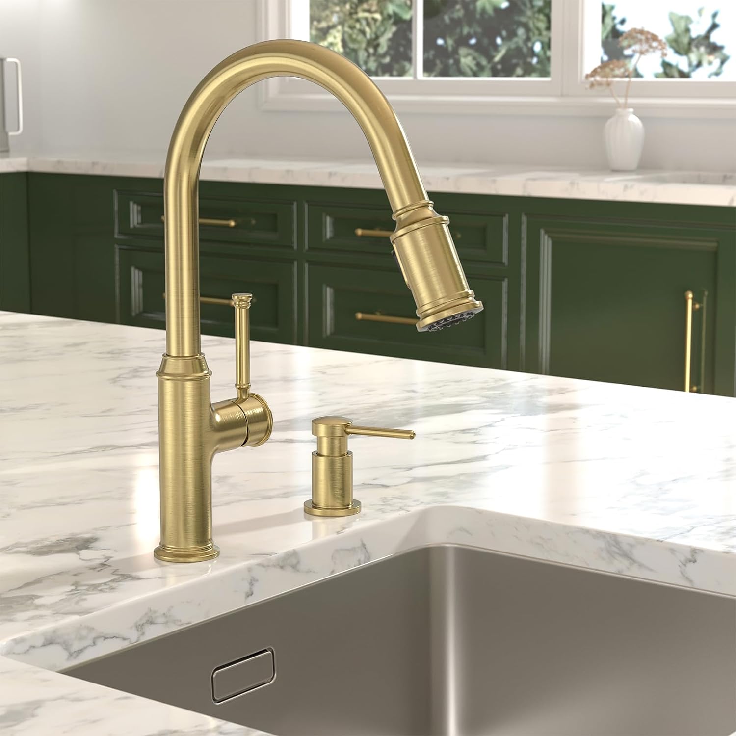Lava Odoro Curtura Brushed Gold Kitchen Faucet with Pull Down Sprayer, Brass Kitchen Sink Faucet, Single Hole Kitchen Faucet with 3-Function Sprayer, Deck Plate Included, Spot-Free, 1.8GPM, KF421-SG