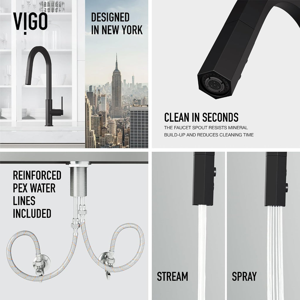 VIGO Hart Hexad 18'' H Single Handle Pull-Down Spout Kitchen Faucet in Matte Black-VG02034MB