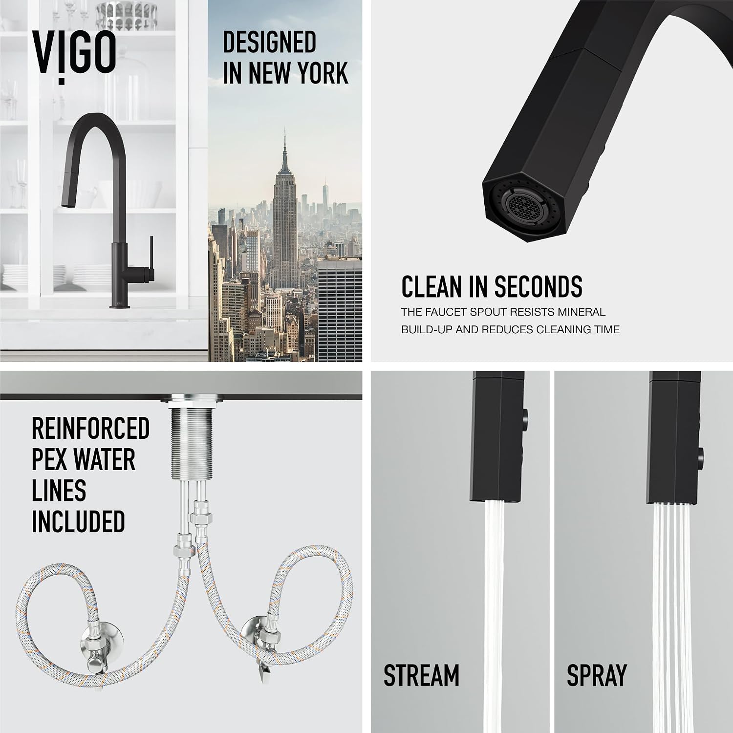 VIGO Hart Hexad 18'' H Single Handle Pull-Down Spout Kitchen Faucet in Matte Black-VG02034MB