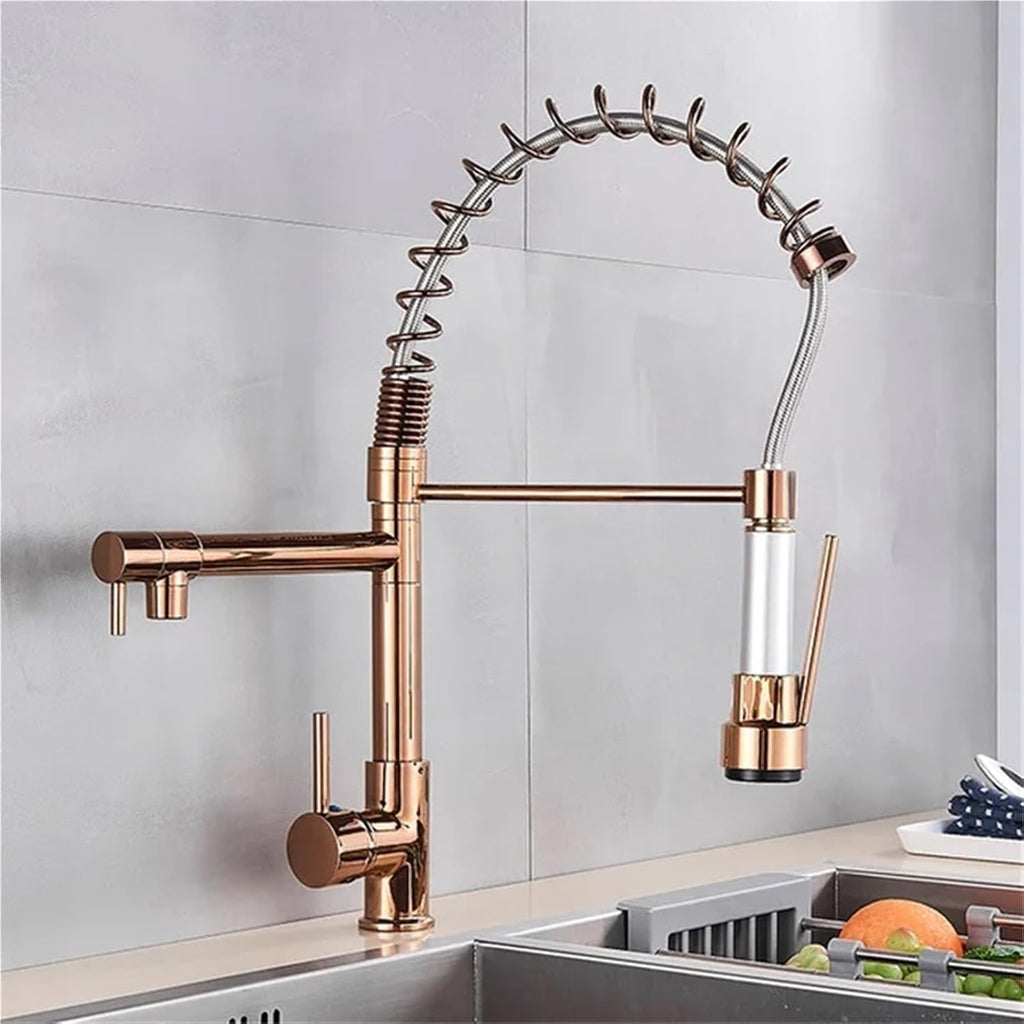 Kitchen Spring Faucet Pull Down Pull Out Dual Spouts 360 Rotation Cold and Hot Water Single Handle Mixer Tap(Rose Gold Long)