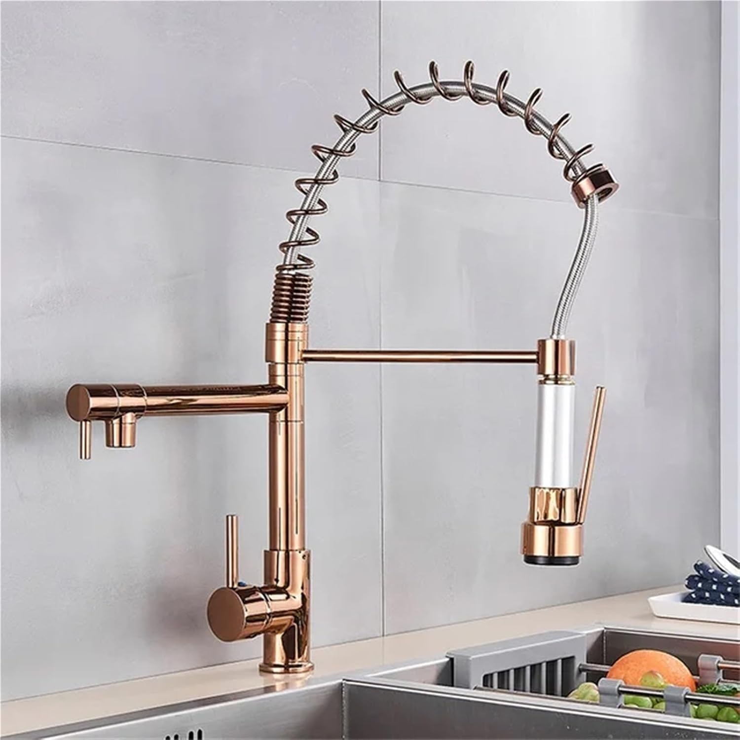 Kitchen Spring Faucet Pull Down Pull Out Dual Spouts 360 Rotation Cold and Hot Water Single Handle Mixer Tap(Rose Gold Long)