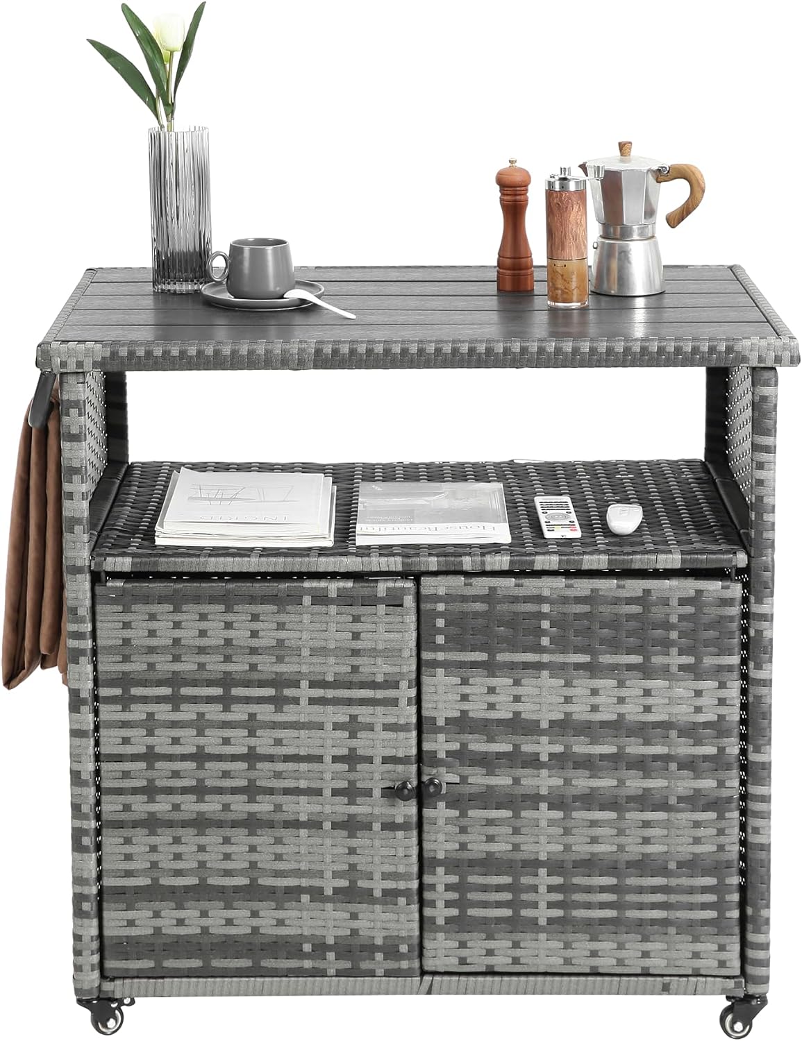 Outdoor Wicker Bar Cart with Wheels, Outdoor Rolling Kitchen Island Grill Cart with Storage Cabinet, Outside Portable Bar Table for Events, Patio, Porch, Backyard, Garden, Poolside, Aqua Grey