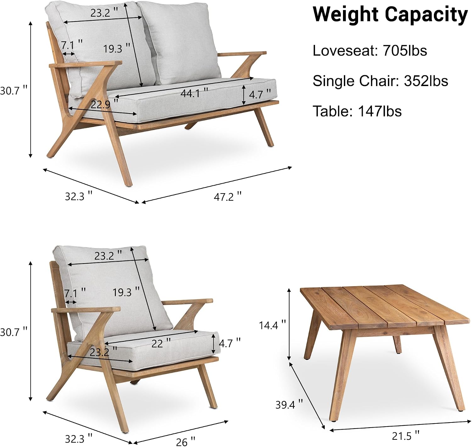 4 Pieces Acacia Wood Patio Furniture Set, Outdoor Seating Sofa Set with Grey Cushions & Back Pillow, Outdoor Conversation Set with Coffee Table (Grey+Brown-GB)