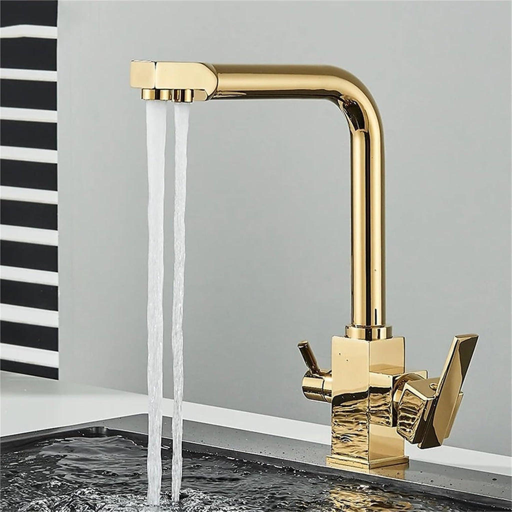 Filtered Water Faucet with Dual Outlet Kitchen Purified Water Hot and Cold Faucet Vegetable Basin Sink Tap(Gold)