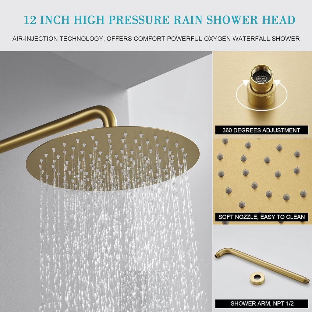 Brushed Gold Shower System 12 Inch Shower Faucet Set for Bathroom, High Pressure Gold Rain Shower Head with Handheld Spray, Rainfall Brushed Gold Shower Fixtures