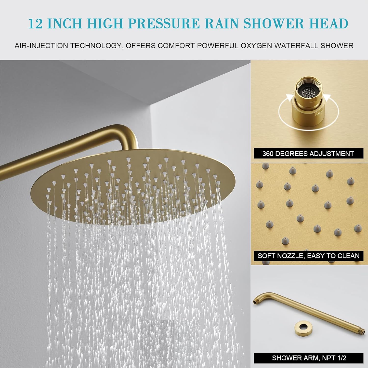 Brushed Gold Shower System 12 Inch Shower Faucet Set for Bathroom, High Pressure Gold Rain Shower Head with Handheld Spray, Rainfall Brushed Gold Shower Fixtures
