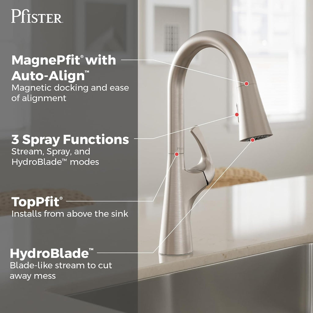 Pfister Talega Kitchen Sink Faucet with Pull Down Sprayer Single Handle High Arc Spout Spot Defense Stainless Steel NSF Certified 1 or 3 Hole Installation F5297TEGS