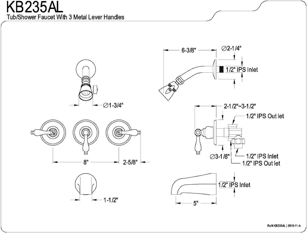 Kingston Brass KB235AL Tub and Shower Faucet with 3-Lever Handle, Oil Rubbed Bronze,5-Inch Spout Reach , Oil-Rubbed Bronze