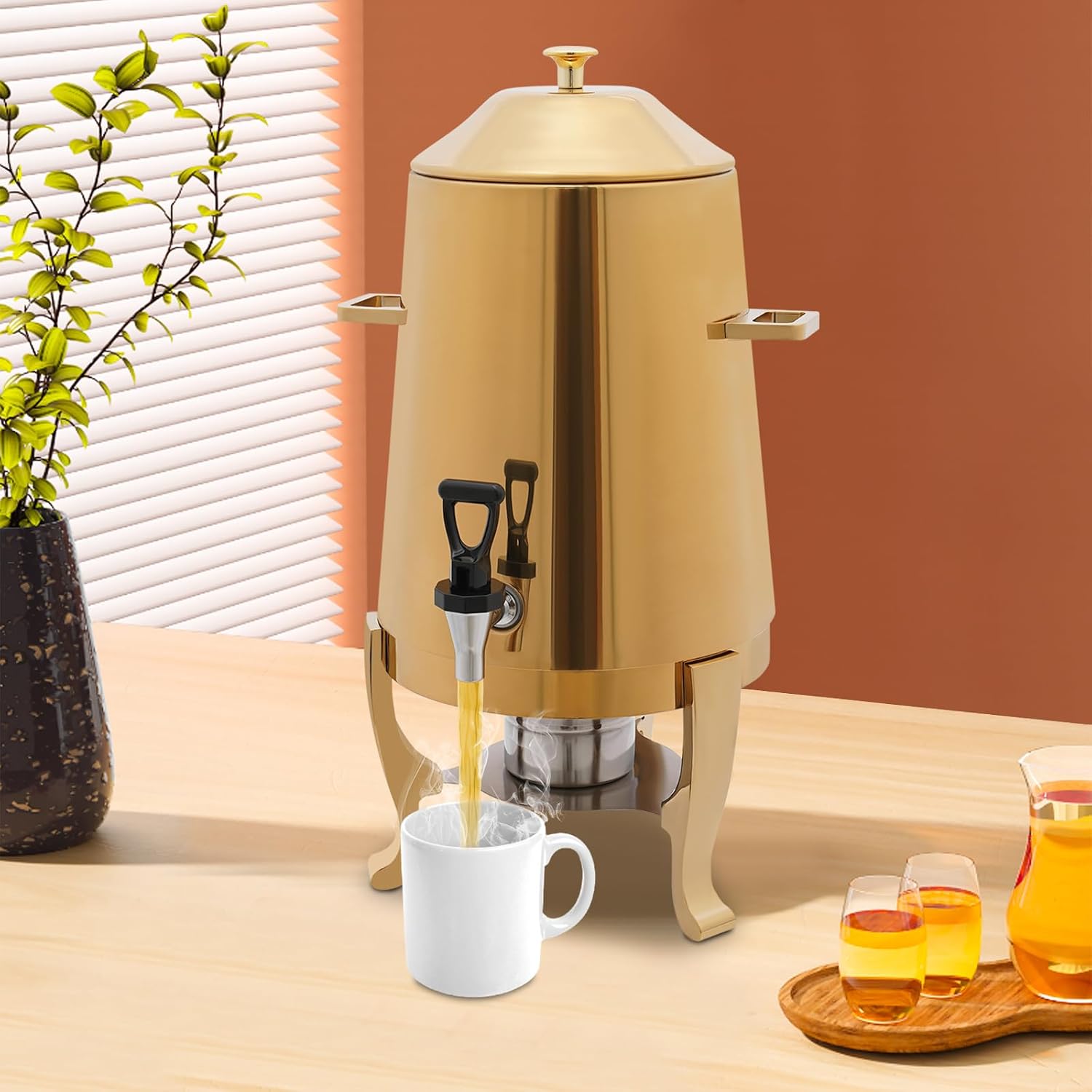 3.4 Gallon/13l Beverage Dispenser For Coffee Tea Hot Water,Coffee Urn With Fuel Holder,Hot Drink Dispenser With Stand,Coffee Dispenser With Fuel Holder And Practical Faucet For Hotels,Banquets(Gold)