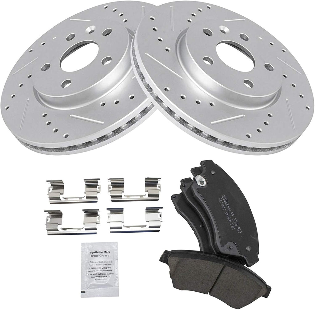 TRQ Performance Front Brake Pad and Rotor Set Ceramic Coated Drilled Slotted Vented Rotors Compatible with 2011-2015 Chevrolet Cruze 2016 Cruze Limited 2012-2017 Sonic