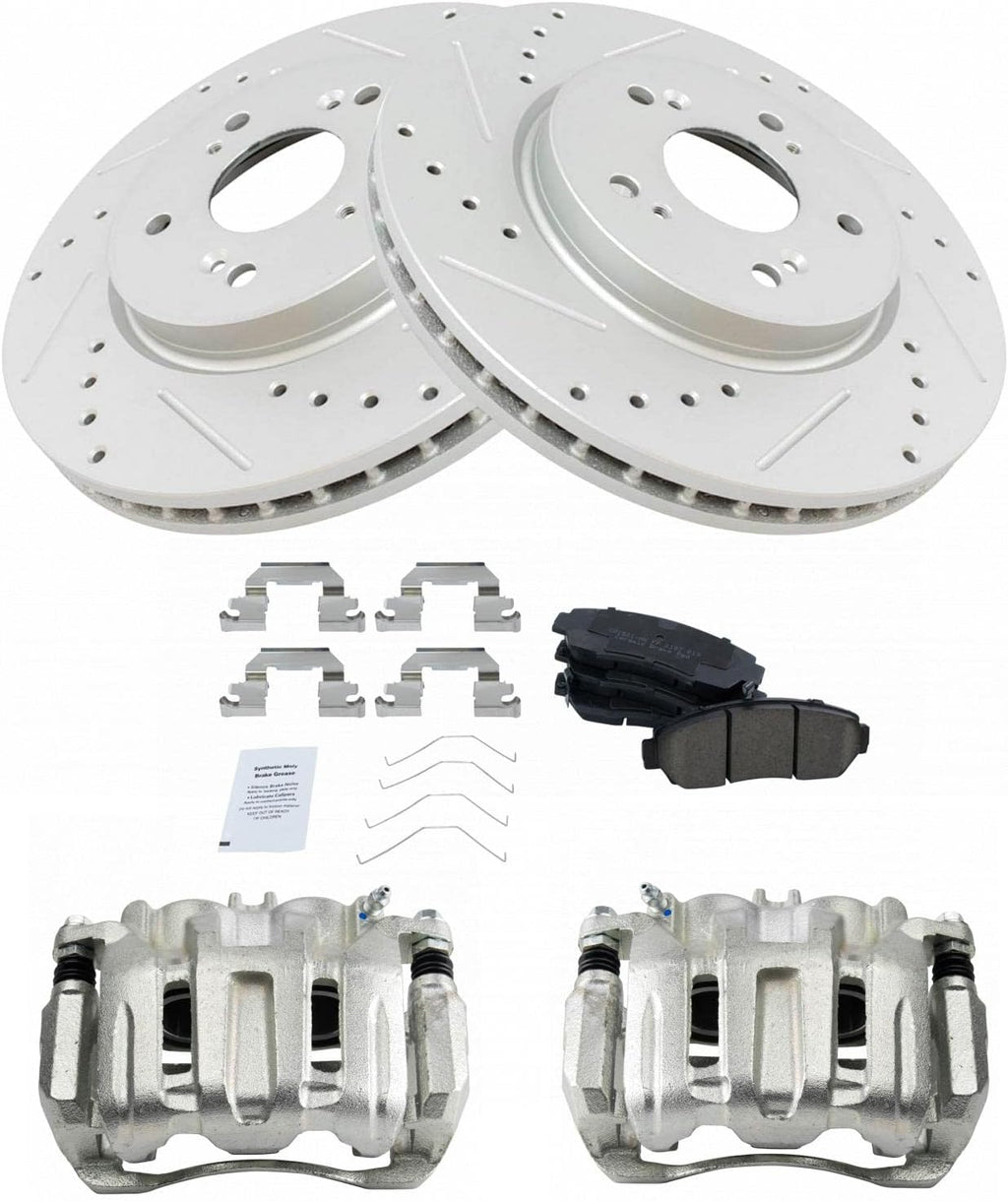 TRQ Performance Front Brake Pad and Rotor Set Ceramic Vented Coated Rotors Calipers Compatible with 2011 Honda Accord Crosstour 2012-2016 CR-V