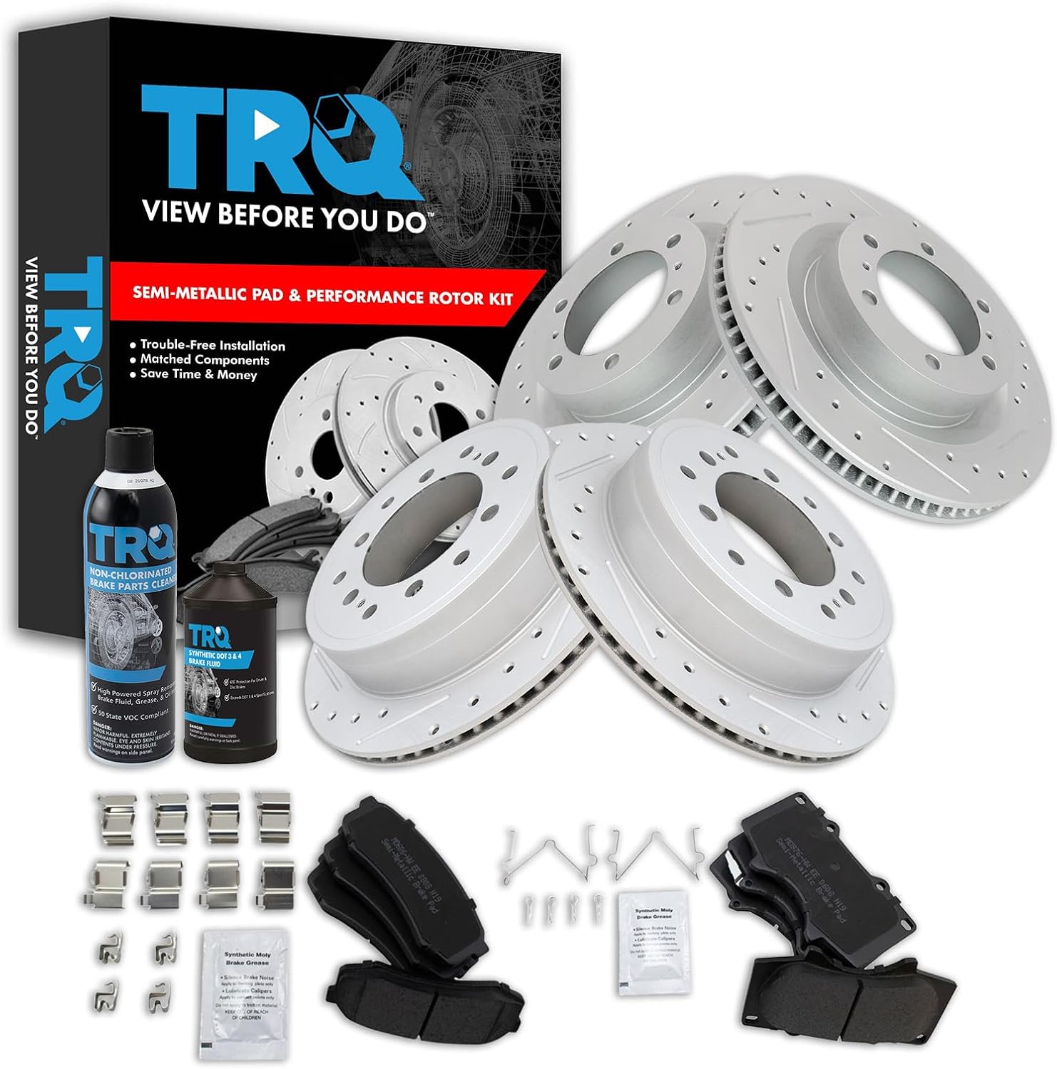 TRQ Front and Rear Performance Brake Pad & Rotor Kit, with Chemical Kit Semi-Metallic Premium G-Coated Compatible with 2010-2022 Lexus GX460 Toyota 4Runner