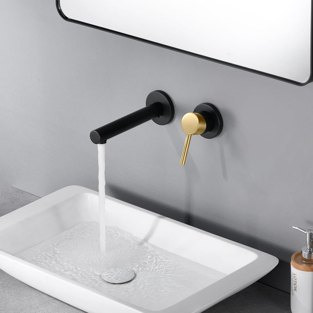 SUMERAIN Wall Mounted Bathroom Sink Faucet Black and Gold Finish, Lavatory Faucet with Single Handle and Rough in Valve