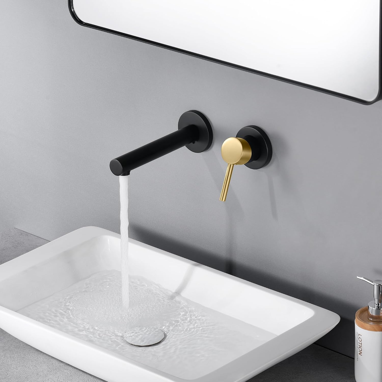 SUMERAIN Wall Mounted Bathroom Sink Faucet Black and Gold Finish, Lavatory Faucet with Single Handle and Rough in Valve