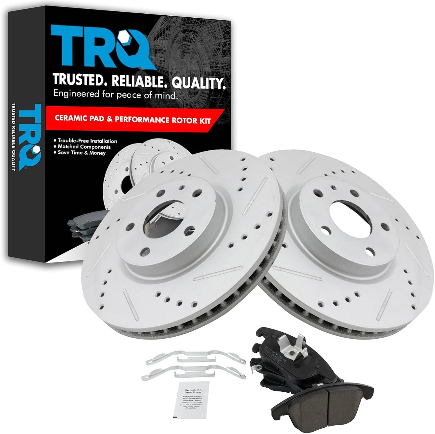 TRQ Performance Front Brake Pad and Rotor Set Ceramic G Coated Drilled Slotted Rotors Compatible with 2013-2020 Ford Fusion 2013-2016 Lincoln MKZ