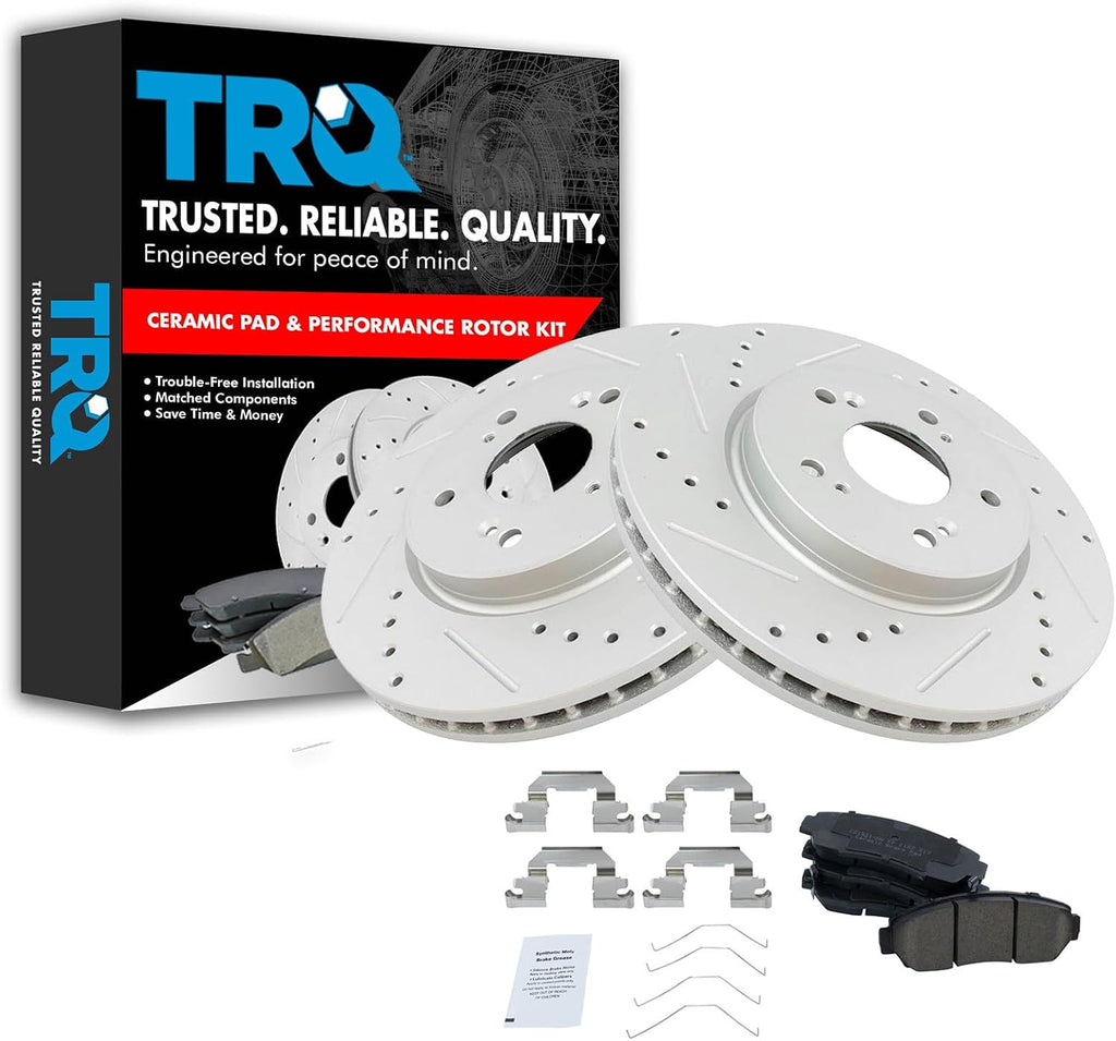 TRQ Performance Front Brake Pad and Rotor Set Ceramic G Coated Drilled Slotted Vented Rotors Compatible with 2011 Honda Accord Crosstour 2012-2016 CR-V 2012-2015 Crosstour