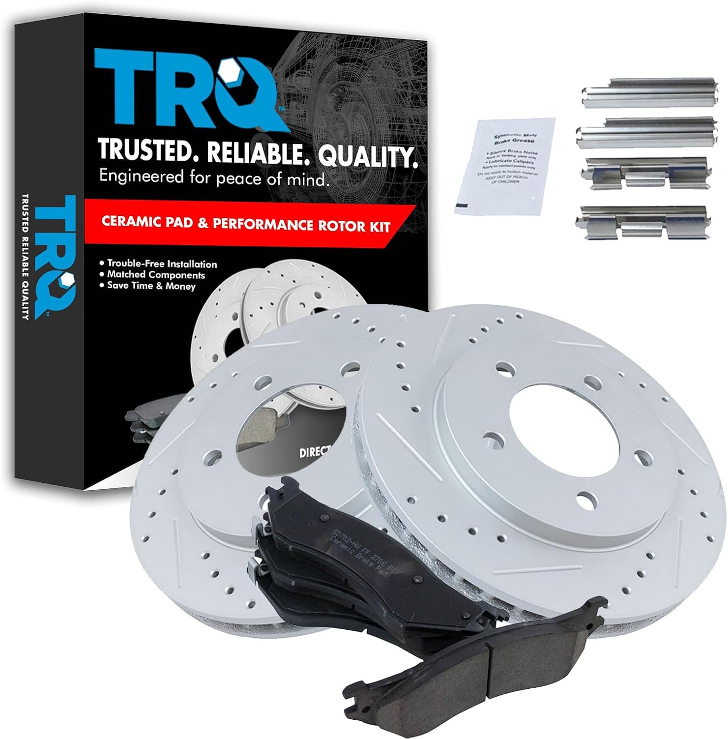 TRQ Performance Front Brake Pad and Rotor Set Ceramic Coated Drilled Slotted Vented Rotors Compatible with 1997-2002 Ford Expedition 1998-2002 Lincoln Navigator