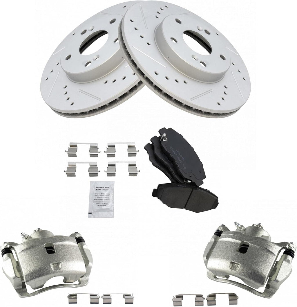 TRQ Performance Front Brake Pad and Rotor Set Ceramic Vented Coated Rotors Calipers Compatible with 2003-2011 Honda Element