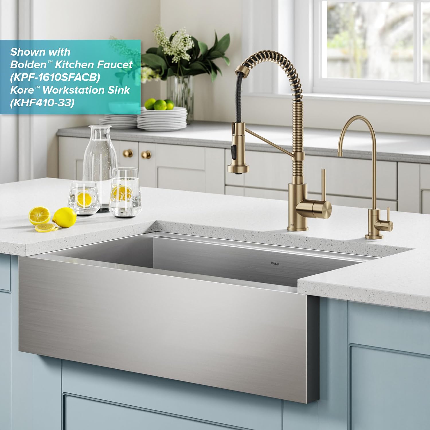 KRAUS Bolden Commercial Style Pull-Down Kitchen Faucet and Purita Water Filter Faucet Combo in Spot Free Antique Champagne Bronze, KPF-1610-FF-100SFACB