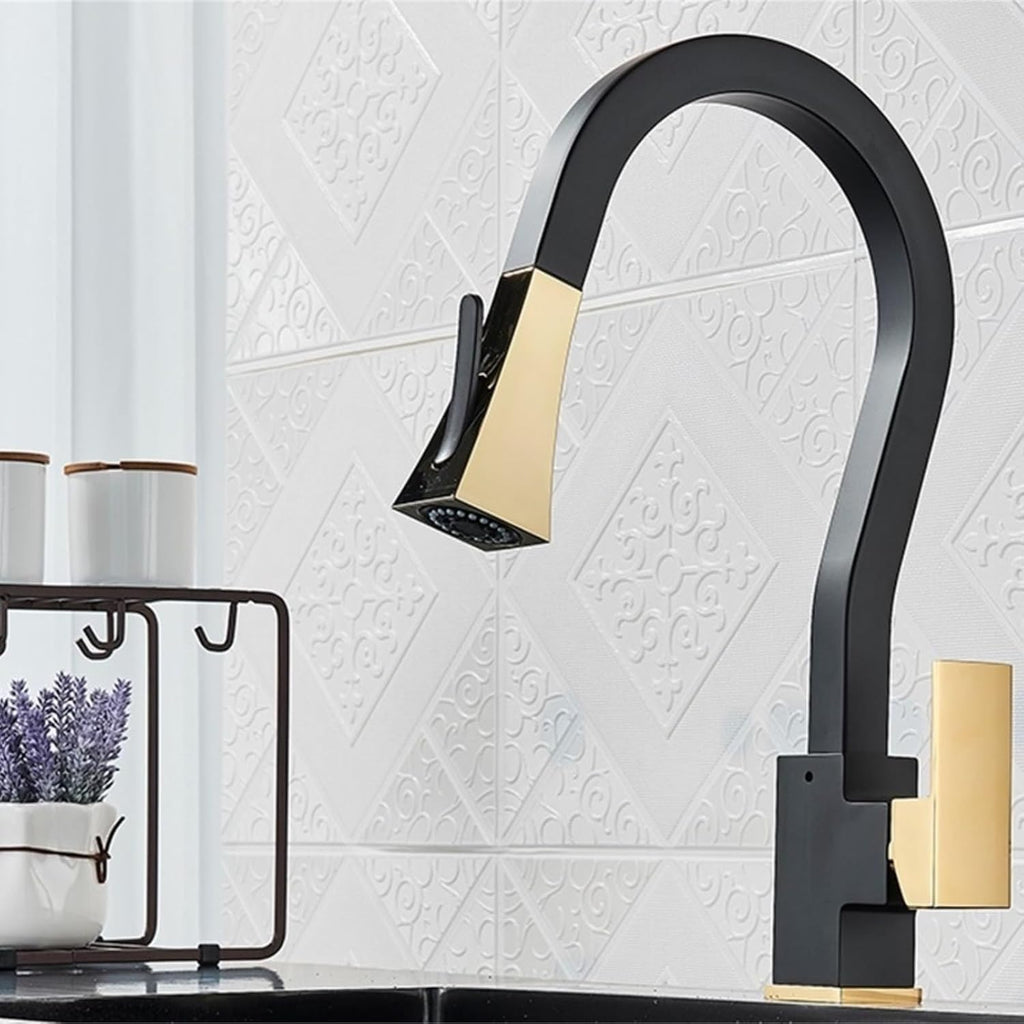 Kitchen Pull-Out Faucets Sink Mixer Two Function Single Handle Hot and Cold Water Crane Deck Mounted(Black Gold)