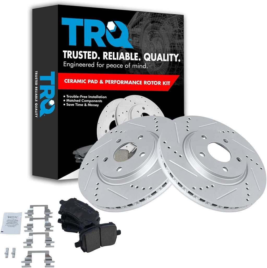 TRQ Performance Front Brake Pad & Rotor Set Ceramic Drilled Coated Rotors Compatible with 04-12 Chevrolet Malibu 08-10 HHR 05-10 Pontiac G6 07-08 G5 07-10 Saturn Aura 05-07 Ion Cobalt