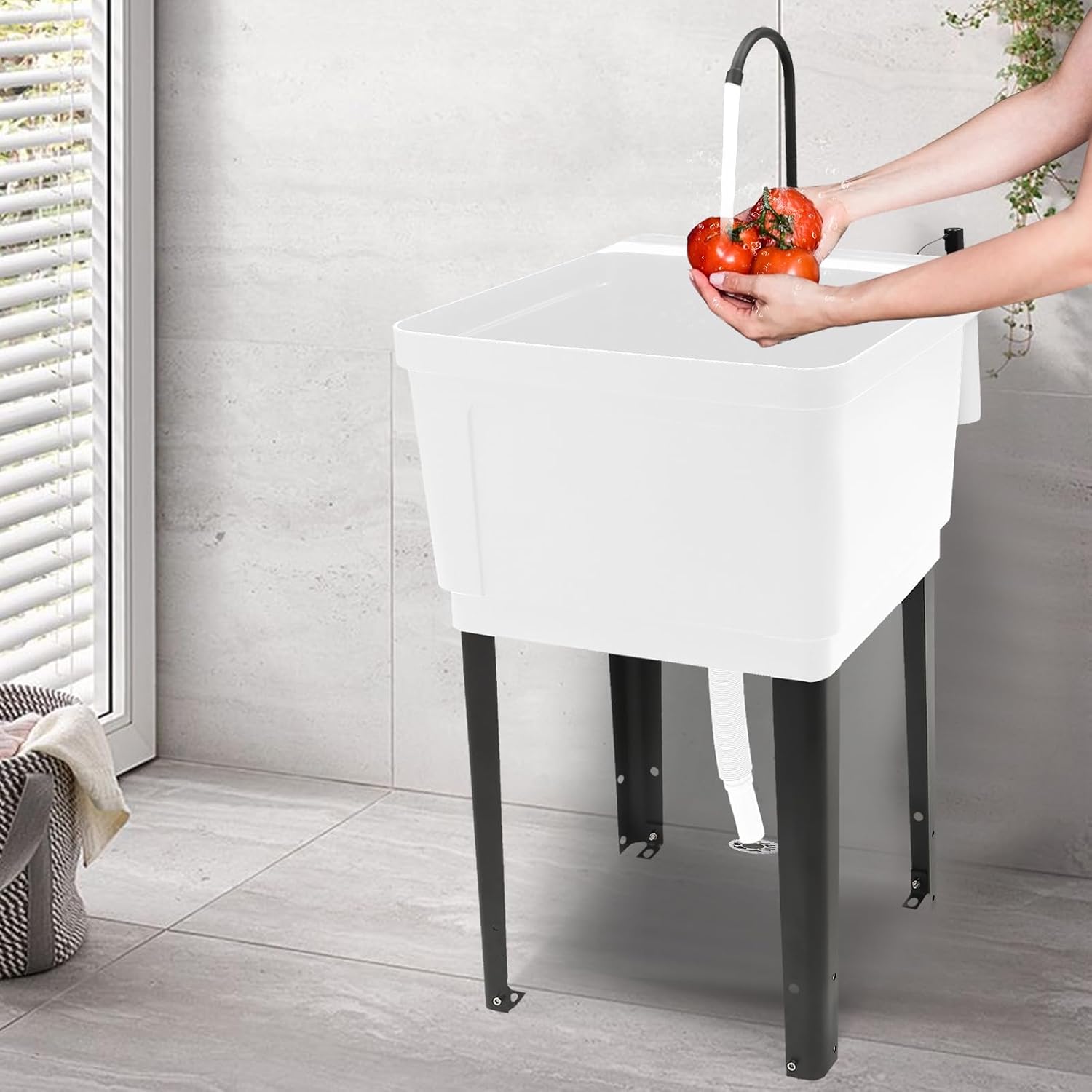 Freestanding Space Saver Utility Sink 19.68 * 19 * 33.07in kitchen Sink with Washboard Utility Sink with Cold and Hot Water Faucet, Hoses and Soap Dispenser for Laundry Room, Garage, Basement (White)