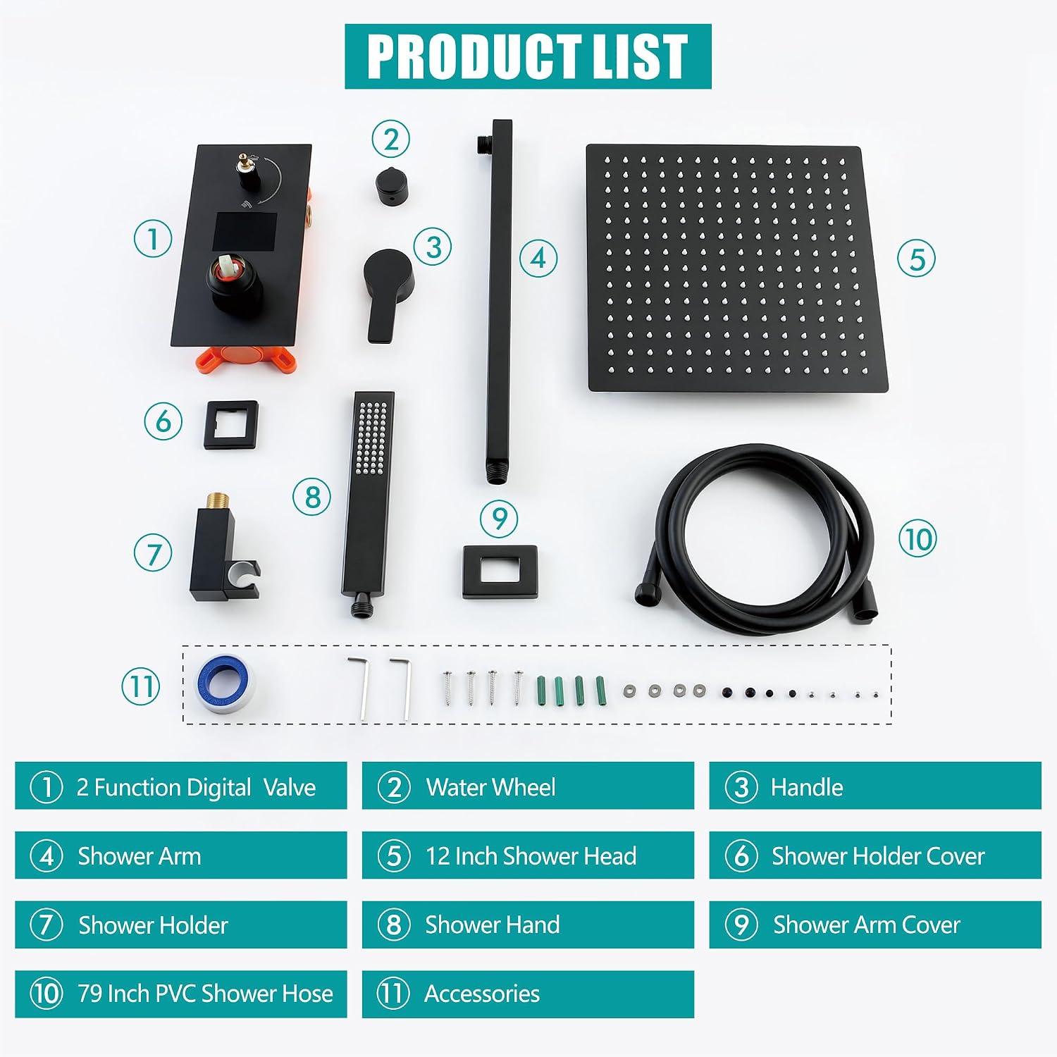 SKOWLL Matte Black Shower Faucet Set Modern Shower Temperature Digital Display, Black Bathroom Faucets Shower System, 12 Inch Shower Head and Faucet Set