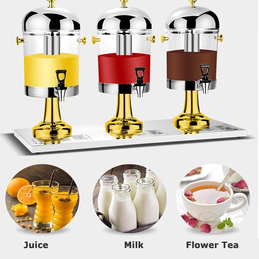 Stainless Steel Juice Dispenser with Tap & Ice Chamber Keep Beverages Ice Cold, Self Service Cocktail Dispenser, Commercial Clear Glass Water Dispenser for Brea(Gold)