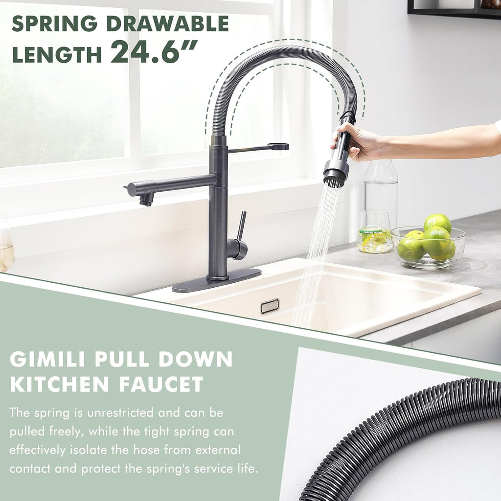GIMILI Black Stainless Commercial Kitchen Faucet with Pull Down Sprayer Double-Headed Kitchen Faucets with Deck Plate
