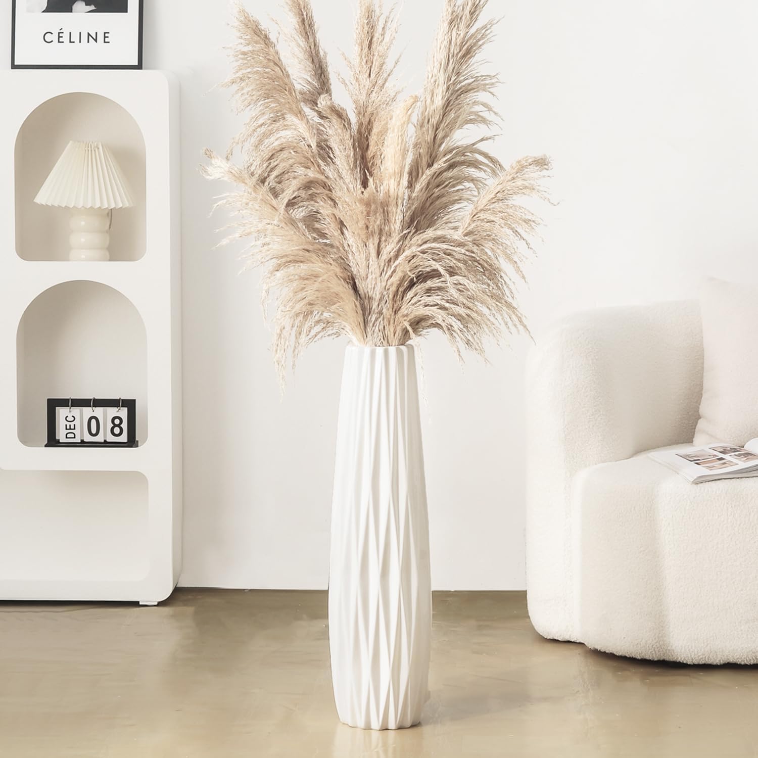 White Tall Floor Vase, 28' Ceramic Decorative Large Vases for Living Room Decor Home Office Bedroom, Modern Big Standing Flower Vase with Glossy Glaze