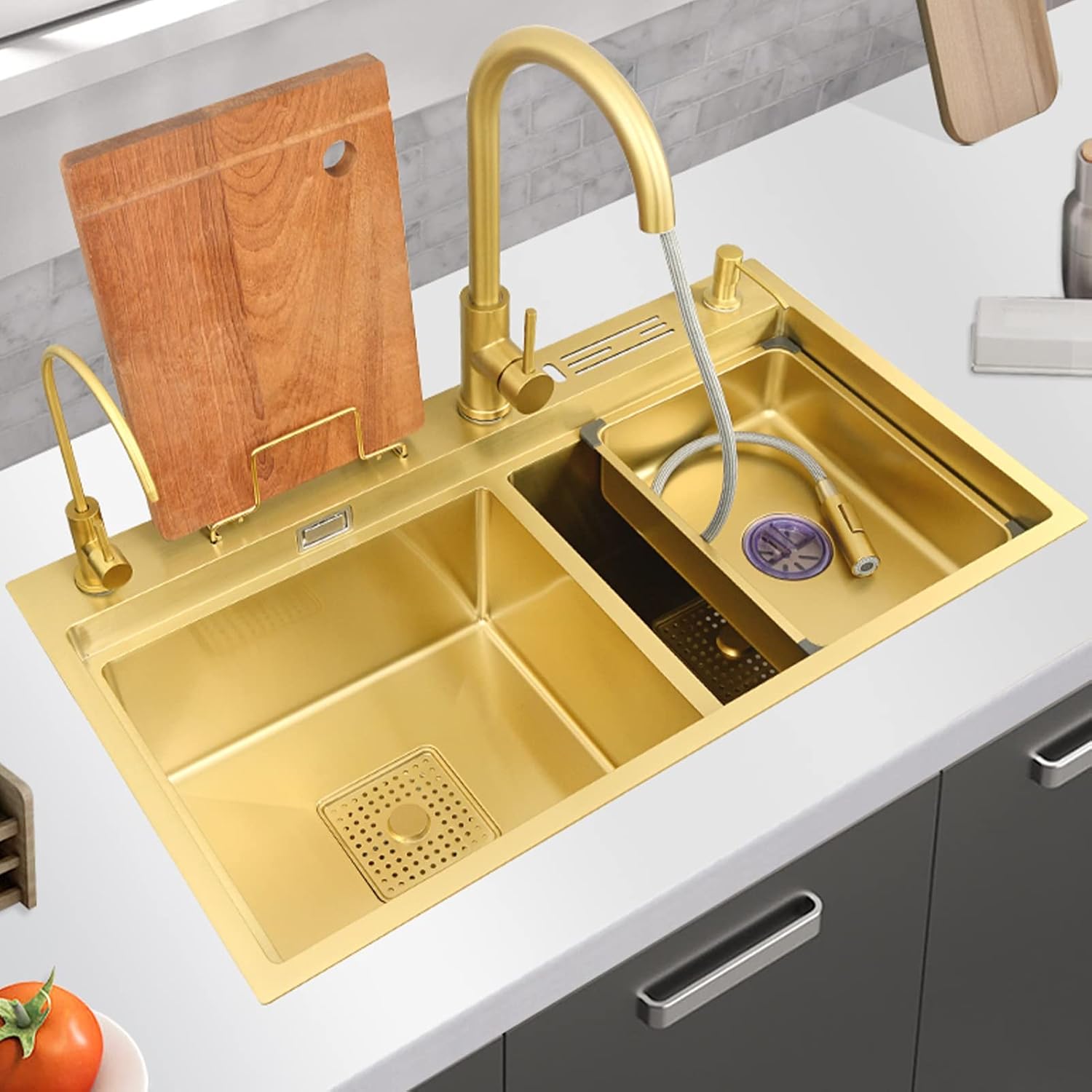 Kitchen Sink 304 Stainless Home Sink Kitchen, Double Gold Sink Kitchen, with Faucet, Clean Faucet, Soap Dispenser, Cutting Board and Accessories,Gold a-78x46cm
