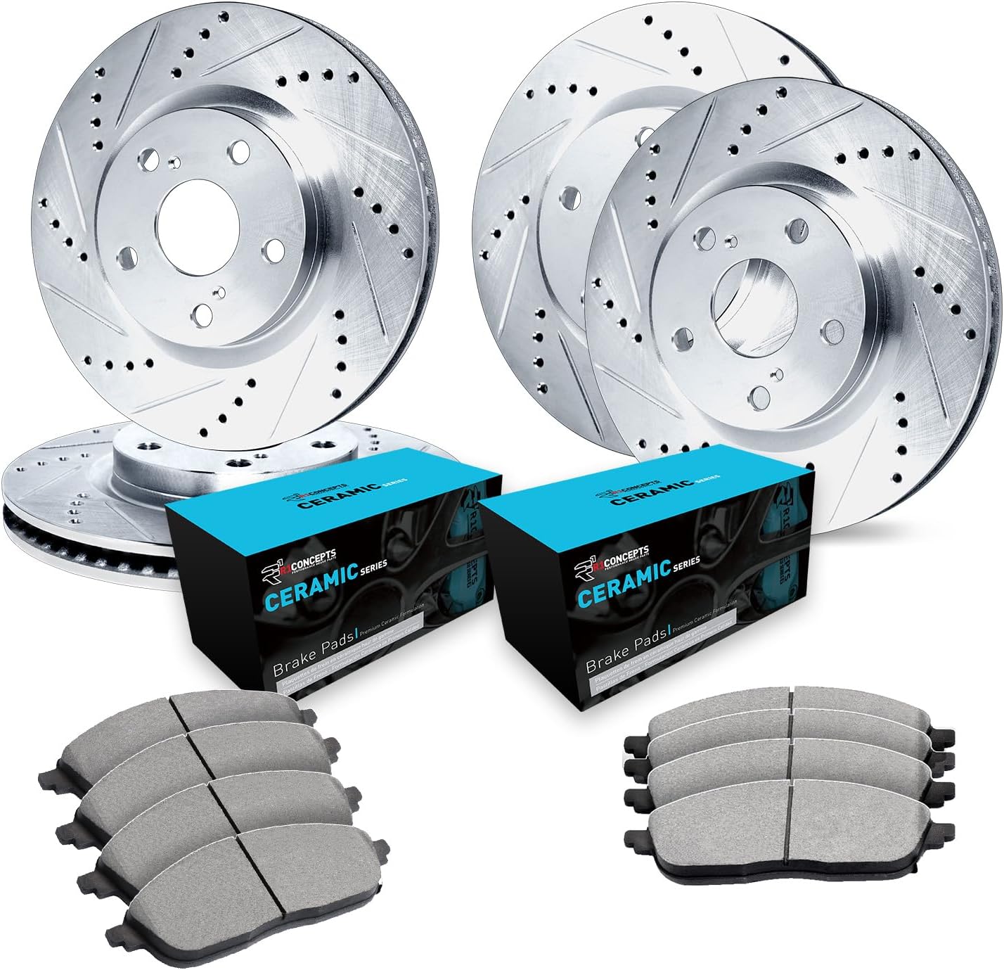 R1 Concepts Front and Rear Brake Kit Fits 2014-2024 INFINITI Q50; 2017-2022 INFINITI Q60| Ceramic Brake Pads and Drilled Slotted Brake Rotors| 12.6' Front & 12.1' Rear