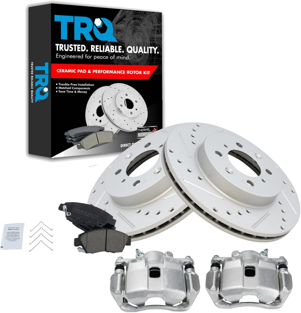 TRQ Performance Front Ceramic Brake Pad and Rotor Set Includes Calipers Coated Drilled Slotted Compatible with 2009-2012 Honda Fit 2013 Base 2013 Sport