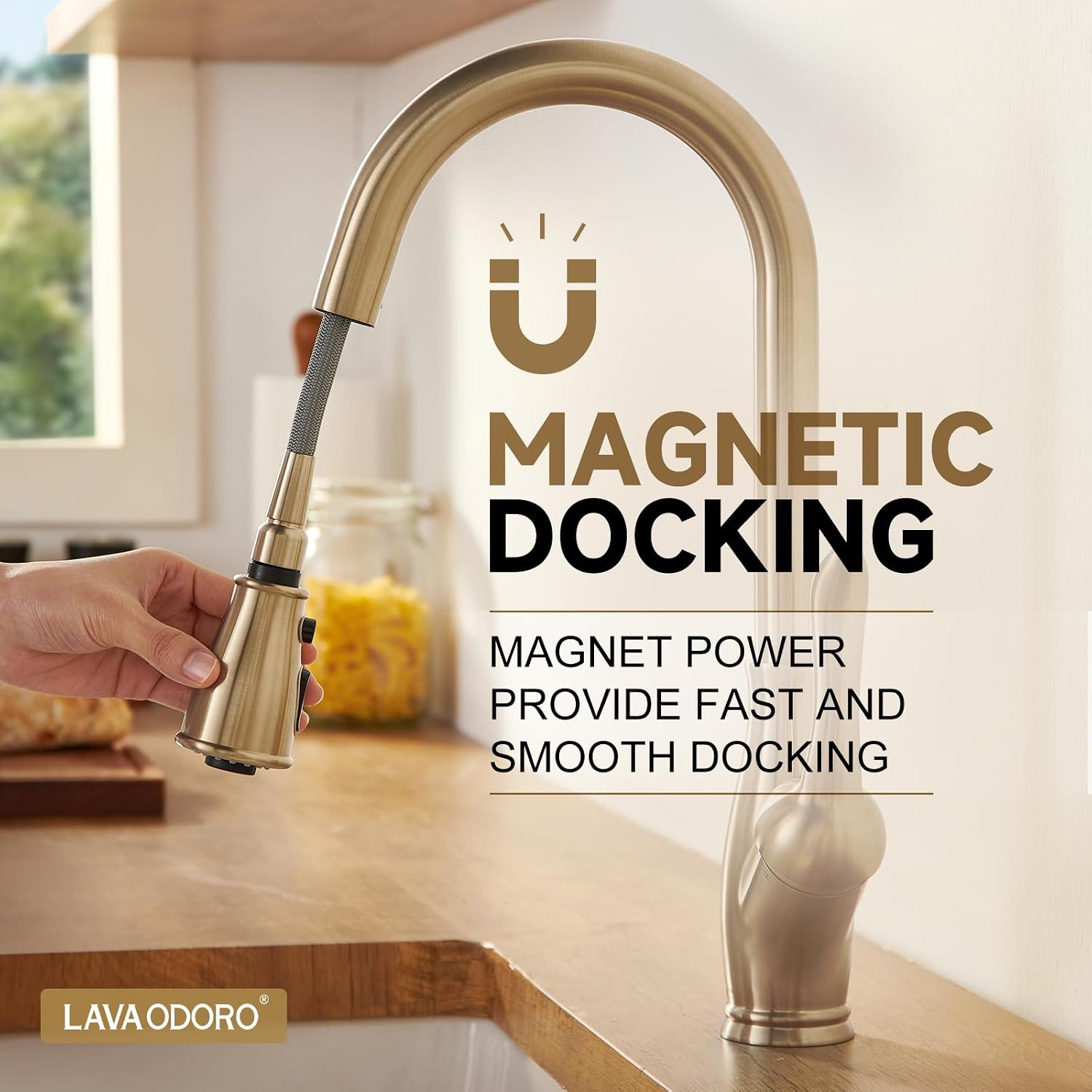Lava Odoro Champagne Gold Kitchen Faucet with Pull Down Sprayer, Bronze Gold Kitchen Sink Faucet with Magnetic Docking Spray 3-Function, Brass Faucet for Kitchen Sink 1 Hole and 3 Hole, KF271-CB