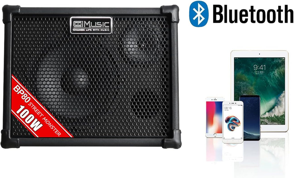 Coolmusic BP80 Battery Powered Acoustic Guitar Amplifier- Portable Bluetooth Speaker 100W, 6 Inputs,3 Band EQ,Black(3-Year Warranty)