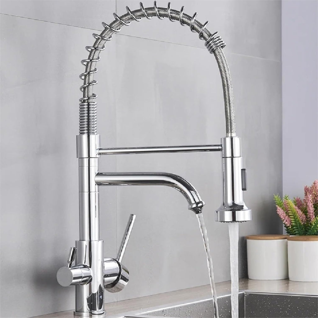 Kitchen Water Filter Faucet Dual Spout Filter Drinking Water Mixer Tap Rotation Taps(Chrome)
