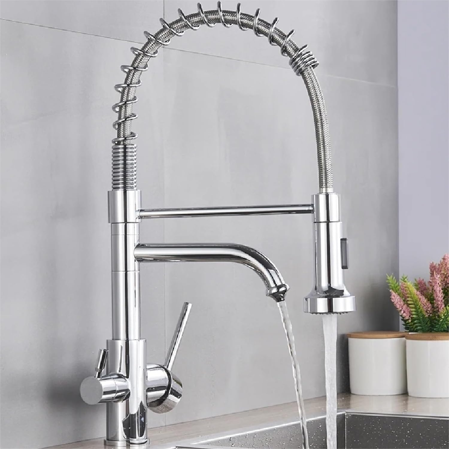 Kitchen Water Filter Faucet Dual Spout Filter Drinking Water Mixer Tap Rotation Taps(Chrome)