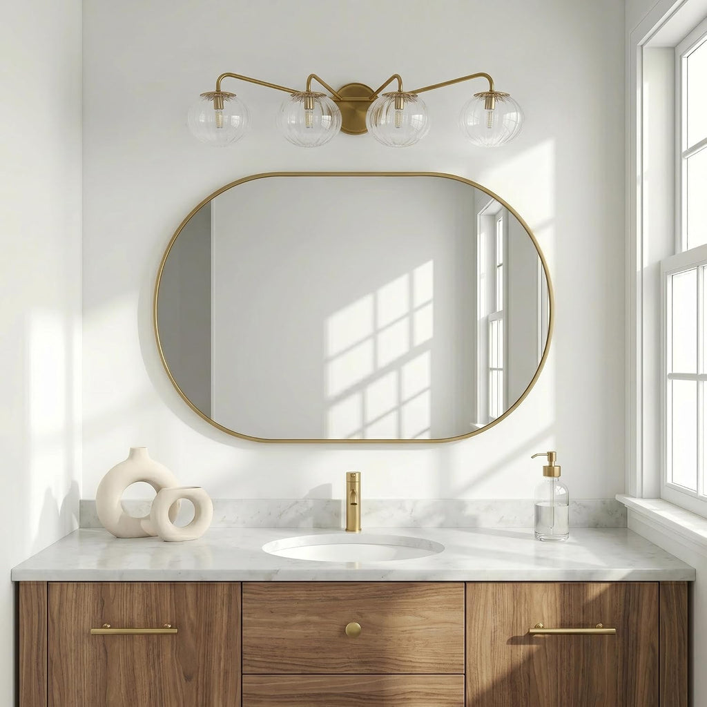 ANDY STAR Bathroom Vanity Light 4 Light, Brushed Gold Bathroom Light Fixtures with Clear Pumpkin-Ribbed Glass Globe Shade, Brass Vintage Striped Wall Lights for Vanity, G9 Base (No Bulbs)